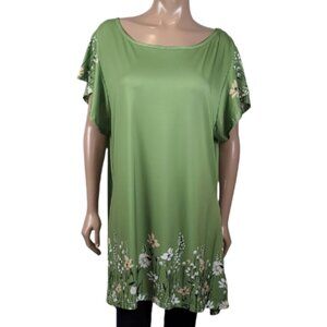 Lily By Firmiana Tunic Top Plus Size 2XL Floral Green Short Flutter Sleeve Satin